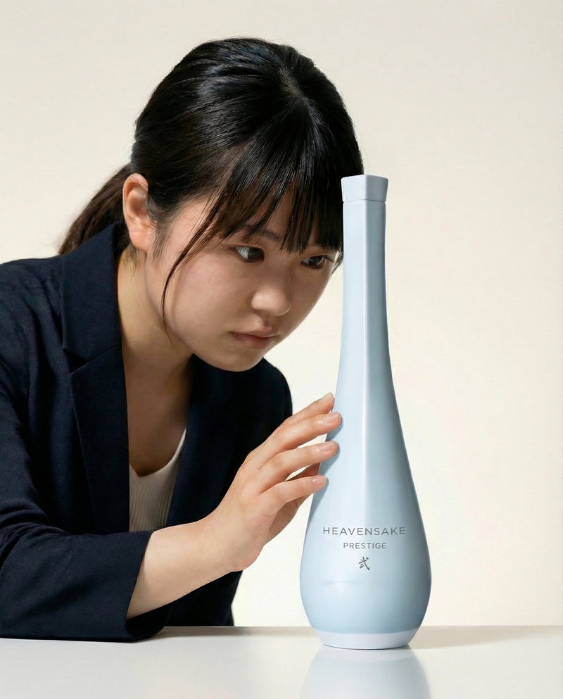 A woman master brewer holding a HEAVENSAKE sake bottle, representing the women behind HEAVENSAKE