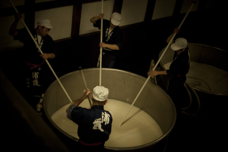 Four Urakasumi brewers stirring a fermenting tank with long poles, seen from above.